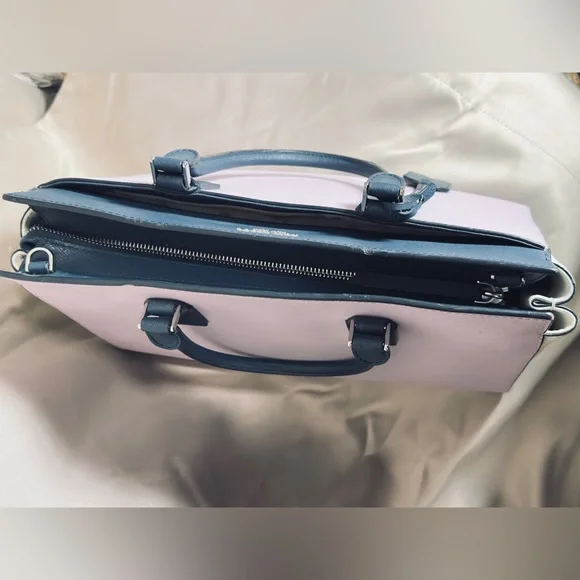 Kate Spade Large 3 tone leather handbag. Baby Lilac, Navy & White. EUC. - Picture 7 of 15
